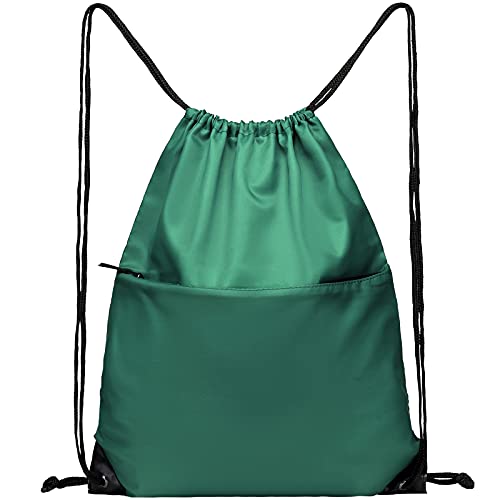 Drawstring Backpack Sports Water Resistant String Bag Sport Gym Sackpack for Women Men Large with Zipper (Hunter Green) - color: Hunter Green