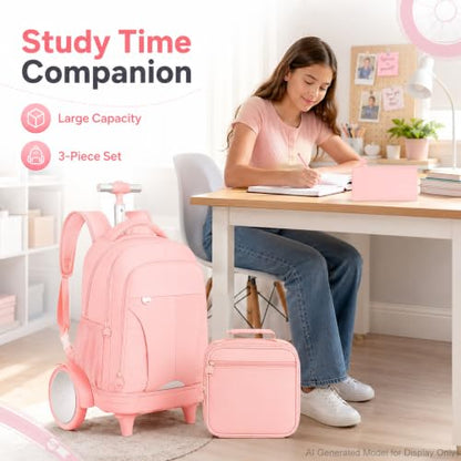 AGSDON Quiet Glide Rolling Backpack with Lunch Box Set - Large Wheel Water-Resistant Wheeled Bag for Business, Travel, and College | Blush Pink 3-in-1 Organizer Backpack - color: Reflective Pink - Rolling Backpack
