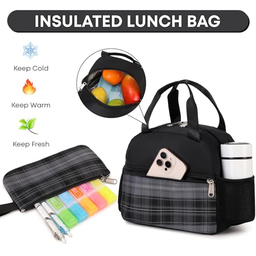 3PCS Student Backpack For School Women College Middle High Teen Girls Bookbag Waterproof Laptop Bag Plaid Black - color: Plaid Black
