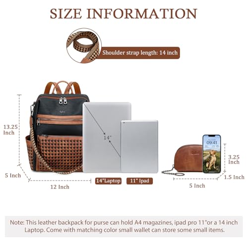 AGLOD Leather Backpack Purse for Women Designer Ladies Shoulder Bag Fashion Faux Work Travel Handbags - color: Woven Black-brown