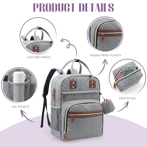 Tuwubi Diaper Bag Backpack, Baby Essentials Travel Tote Bag, Multi function Waterproof Backpacks, Travel Essentials with Stroller Straps & Pacifier Case - Grey - color: Grey, size: Medium