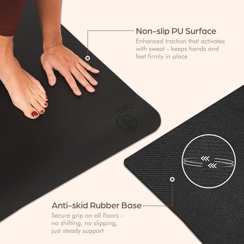 ORW Non Slip Hot Yoga Mat with Carrying Strap - Grip Surface & Natural Rubber Base, REACH Tested, Home & Studio Practice - color: Black PU Rubber Mat 72x26