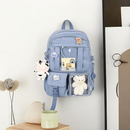 Kawaii Backpack with Cute Bear Plush Kawaii Pin Accessories Large Capacity Aesthetic School Bags Cute Bookbag for Girls Teen Blue - color: Blue