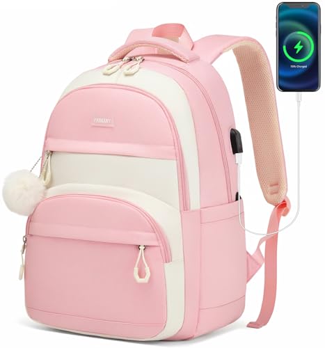 Girls Backpack, School Bag for Teen Girl Middle High School Cute Bookbag for College Women Students Aesthetic Back Pack 8-12 Years Old, Beige Pink - color: Beige Pink, size: 15.6in