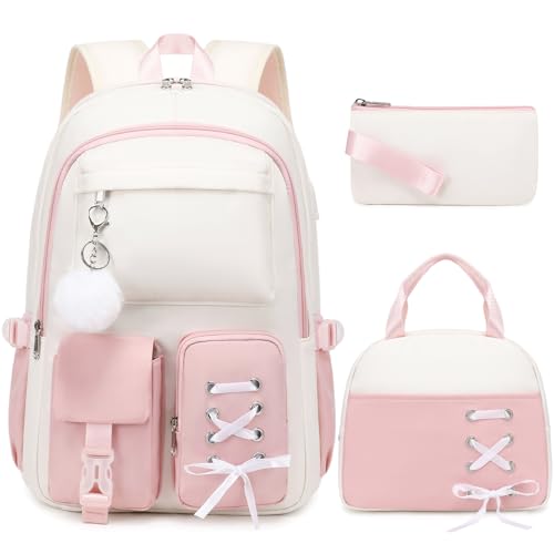 Scothen Backpacks for Girls, Girls Backpack with Lunch Box & Pencil Pouch for Teens Girl Kids Elementary Middle High School College Student Bookbag Daypack Laptop Travel Backpack for Women - color: Beige Pink