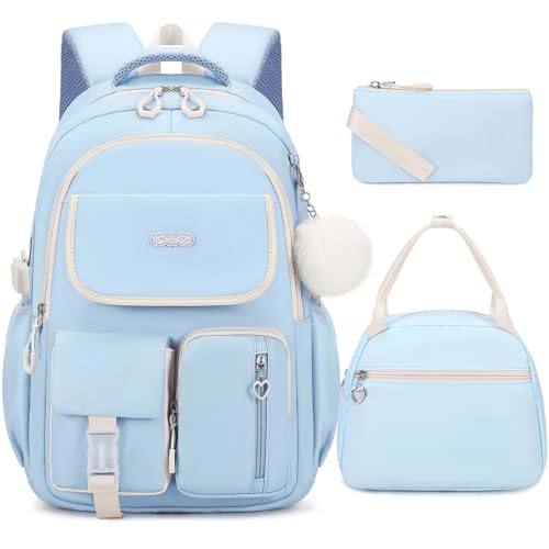 DIGOBAY Backpacks for Girls, 3PCS School Backpack with Lunch Box Pencil Pouch for Teen Girls Kids Elementary Primary Middle High College Travel School bag Bookbag Set （Blue） - color: Blue