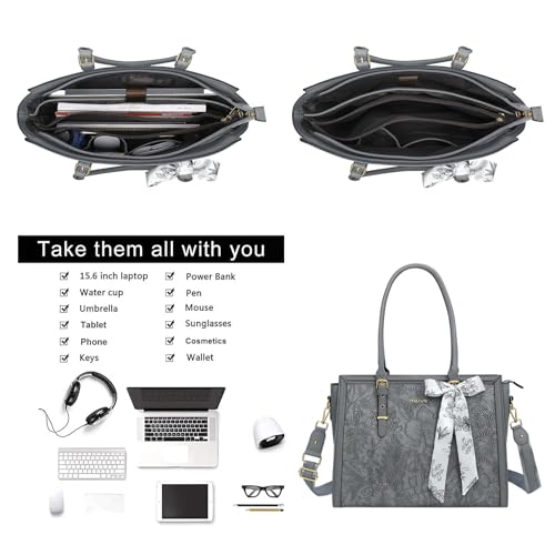MOSISO Laptop Bag for Women, 17-17.3 inch PU Leather Tote Bag Compatible with MacBook, HP, Dell, Asus Notebook, Front Embossed Retro Hibiscus Computer Bags with Silk Scarf&Clutch Purse, Gray - color: Gray, size: 17.3 inch