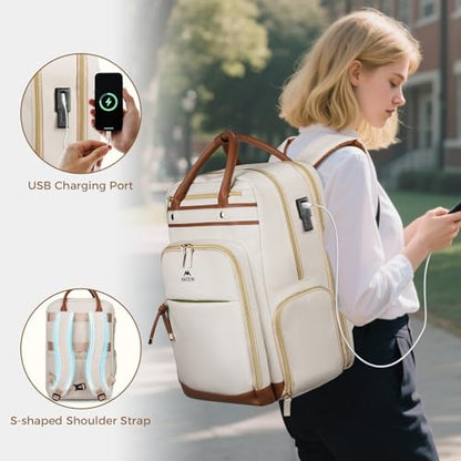 MATEIN Teacher Backpack with Lunch Compartment Detachable, 15.6 Inch Laptop Backpack with Organized Pocket, College Computer Work Backpacks Meal Prep Bag Gift for Women Nurse Commute Office - color: Beige
