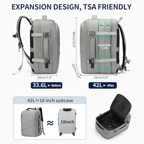 Travel Backpack for Men, 18 Inch Carry on Laptop Backpack with USB A/C Port, 40L Expandable TSA Flight Approved Bag Pack, Black, Gray - color: Gray