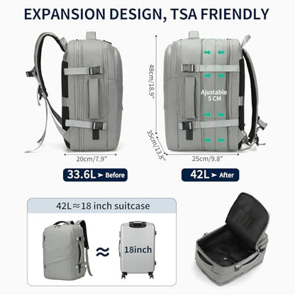 Travel Backpack for Men, 18 Inch Carry on Laptop Backpack with USB A/C Port, 40L Expandable TSA Flight Approved Bag Pack, Black, Gray - color: Gray
