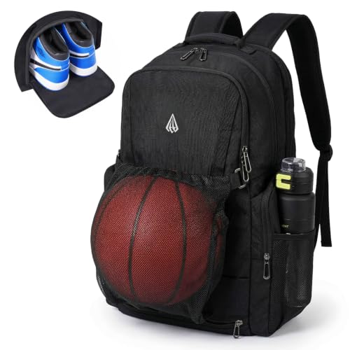 Pro Basketball Bag with Size 14 Shoe Compartment & Detachable Ball Mesh,Large Basketball Backpack for Boys with Wet Dry Separation,Insulated Cooler Pocket,Best for Basketball,Soccer,Volleyball - color: NEW BALCK