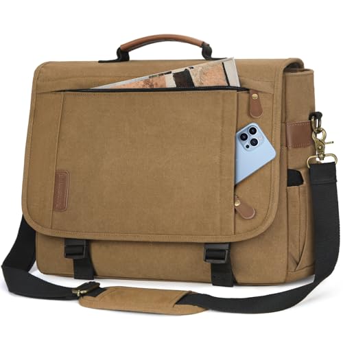 RAINSMORE Messenger Bag for Men 17-17.3 Inch Laptop Bag Water-resistant Canvas Computer Shoulder Bag Office Work Briefcase Large Casual Satchel Bags for Men Bookbag for College, Khaki - color: Khaki