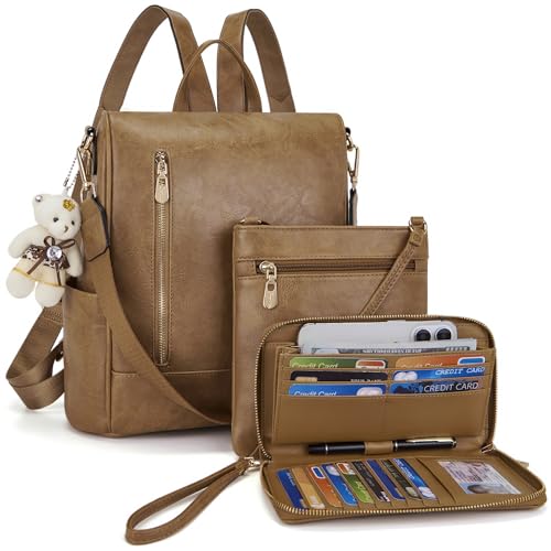 Soperwillton Women Fashion Backpack Purse Anti-Theft Leather Shoulder Bag Travel Multi Pockets Handbag Wallet Set 3pcs - color: Teabrown