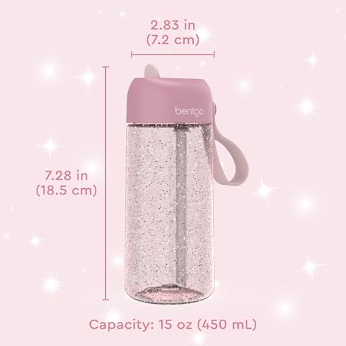 Bentgo Kids Water Bottle - Leak-Proof, Durable Tritan PFAS- & BPA-Free 15 fl oz, Kids/Toddlers Ages 3+ for School & Sports; Bite & Sip Spout, Carrying Handle, Dishwasher Safe (Petal Pink - Glitter) - color: Petal Pink