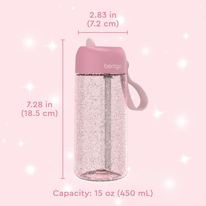 Bentgo Kids Water Bottle - Leak-Proof, Durable Tritan PFAS- & BPA-Free 15 fl oz, Kids/Toddlers Ages 3+ for School & Sports; Bite & Sip Spout, Carrying Handle, Dishwasher Safe (Petal Pink - Glitter) - color: Petal Pink
