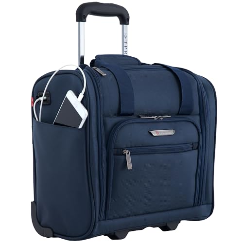 TPRC 15" Smart Underseat Carry-On Luggage with USB Charging Port, Navy Blue - color: Navy Blue
