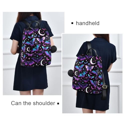 MNSRUU Women Backpack Purse Neon Purple and Bats Stars and Moons Backpack for Women Anti-theft Shoulder Bag Carry On Backpack Lightweight Rucksack Fashion Travel Ladies Bags - color: Bats A8889