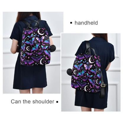 MNSRUU Women Backpack Purse Neon Purple and Bats Stars and Moons Backpack for Women Anti-theft Shoulder Bag Carry On Backpack Lightweight Rucksack Fashion Travel Ladies Bags - color: Bats A8889