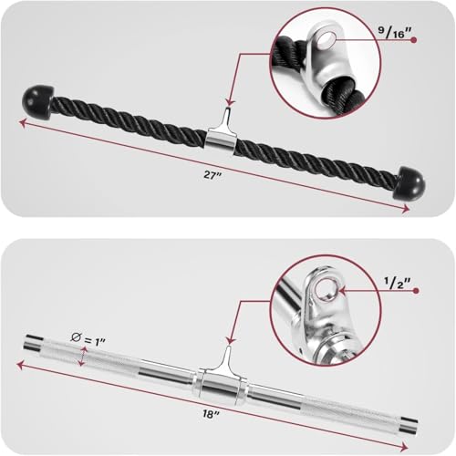 Yes4All Cable Machine Attachment, Row Handles, Tricep Rope, Straight Bar, V Bar, LAT Pulldown Accessories Load 880 LB for Home Gym - color: L. (Chrome) Tricep Rope + Straight Bar