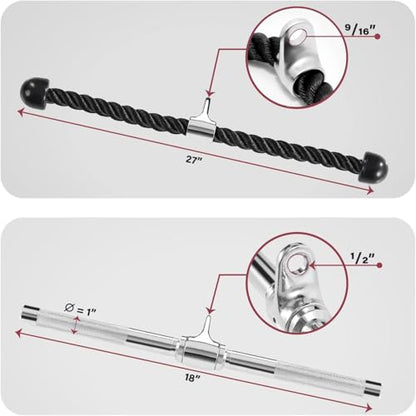 Yes4All Cable Machine Attachment, Row Handles, Tricep Rope, Straight Bar, V Bar, LAT Pulldown Accessories Load 880 LB for Home Gym - color: L. (Chrome) Tricep Rope + Straight Bar