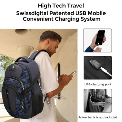 Swissdigital Design Laptop Backpack for Men with USB Charging Port SD803-92 - color: Blue Camo