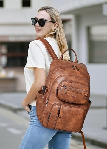 Vegan Leather Backpack, TSA Travel Backpack for Men and Women, Fits 17.0 Inch Laptop with Luggage Strap, Brown - color: Brown