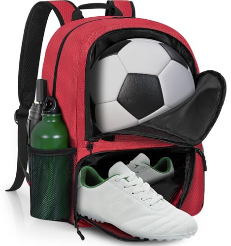 GMAK Soccer Backpack for Youth, Soccer Bag with Ball/Shoe Compartment for Football/Basketball/VB, Lightweight Training Pack - color: Red