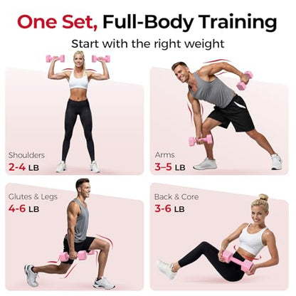 FEIERDUN DB3 5-in-1 Adjustable Dumbbell Set, 6LB/10LB Pair Adjustable Weights for Women at Home, Dual Locking Stable Hand Weights with TPU Soft Handle, Home Gym, Rehab, Pilates, Yoga, Strength Training - color: B-Cute Pink, style: 6LBS Pair (12LBS Total)