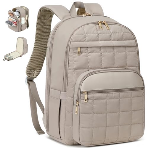 CAMTOP Work Backpack for Women, 15.6-Inch Laptop Backpack with Insulated Lunch Pocket, Lightweight Water-Resistant Quilted Computer Bag for Office, Commute, College and Travel, Camel - color: Camel, size: Medium-15.6''