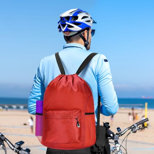 Waterproof Drawstring Bag, Lightweight String Backpack with Water Bottle Holder and Pockets, Gym Sports Cinch Sackpack (Red) - color: Red