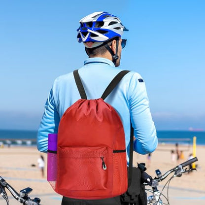 Waterproof Drawstring Bag, Lightweight String Backpack with Water Bottle Holder and Pockets, Gym Sports Cinch Sackpack (Red) - color: Red