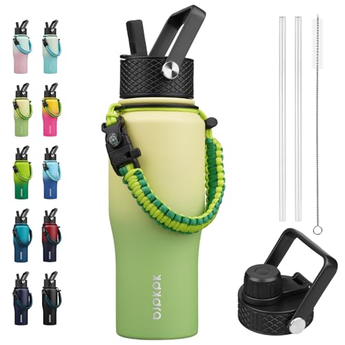 BJPKPK Insulated Water Bottles with Straw Lid, 23oz Metal Water Bottle with 2 lids & Paracord Strap, Double Wall Stainless Steel Vacuum Tumblers, Cups, Mugs, Thermo for Hot& Cold Drinks, Fresh Green - color: Fresh Green, style: 23oz