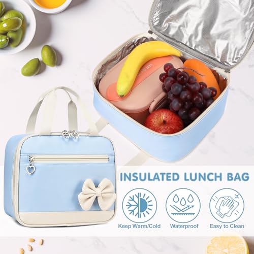 GeeWin Girls Backpack for School with Lunch Box & Pencil Case Set, 17 Inch Waterproof Cute Bow Girls Bookbag for Kids, Teens, Elementary Middle High College School Student (Blue/Beige) - color: Blue Beige