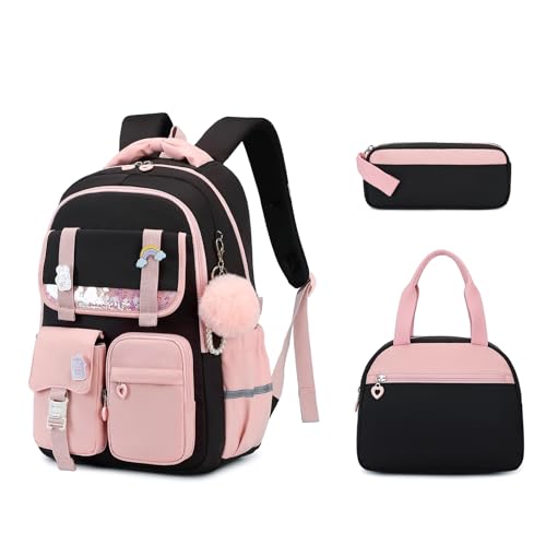 MUSEVOS Girls Backpack, Kids Backpack for Girls, School Bookbag for Teens Age 6-15, Large Capacity Water Resistant Backpack for Elementary to High School, Cute Travel Daypack, Black Pink 3pcs - color: Black Pink-3pcs