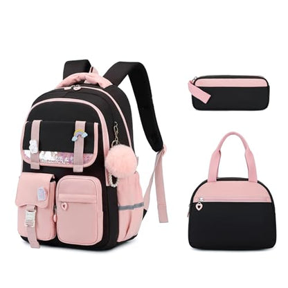 MUSEVOS Girls Backpack, Kids Backpack for Girls, School Bookbag for Teens Age 6-15, Large Capacity Water Resistant Backpack for Elementary to High School, Cute Travel Daypack, Black Pink 3pcs - color: Black Pink-3pcs