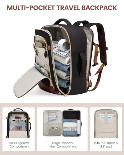 LOVEVOOK Travel Backpack for Women, 40L Carry On Backpack Flight Approved, Large Personal Item Bag Fits 17 inch Laptop, TSA Approved Luggage with 3 Packing Cubes,Waterproof Weekender Gym Daypack - color: Black-white-brown, size: 40L
