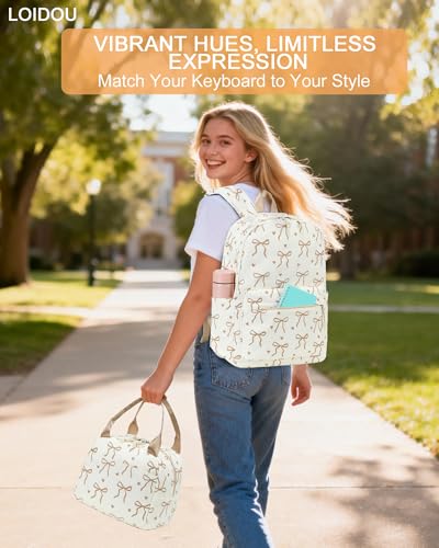 LOIDOU Backpack for Teen Girls Bookbags School Backpack with Lunch Box and Pencil Case 3 in 1 School Bags Set - color: Bow Tie Brown Beige