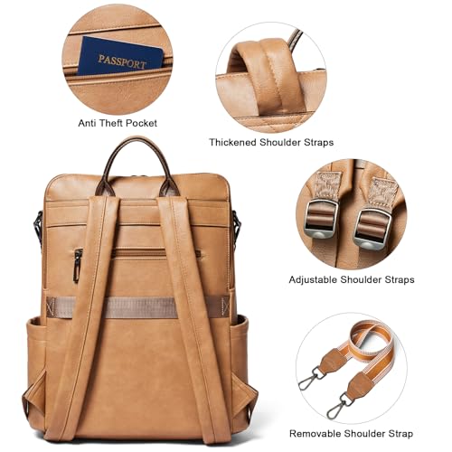 Shrrie 15.6 inch Laptop Backpack for Women,Large Leather Purse,Travel Backpacks Carry on,Water Resistant Casual Laptop Backpacks,College Backpack,Work Backpack for Women,Two-tone Camel Brown - color: Two-tone Camel Brown