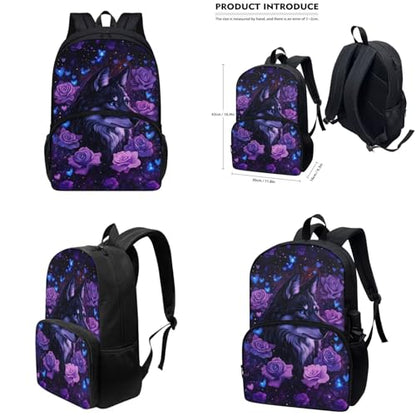 Aesthetic Wolf Backpack for Girls Kids Backpack with Lunch Box Water Bottle Sleeve and Big Pencil Pouch 4Pcs Set 17 inch Bookbag with Large Front Pocket for School Sturdy Elementary School Bag - color: Aesthetic Wolf