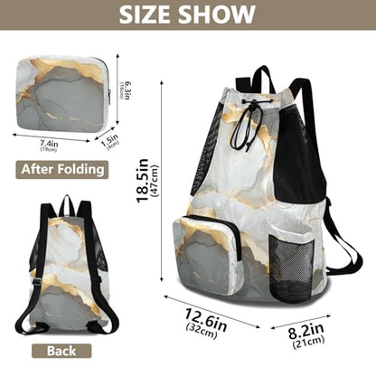 Drawstring Backpack Summer Camp Bag With Pockets Pull String Bag Dry Wet Separation Marble White Grey - color: Color 11