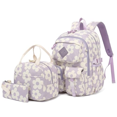 3Pcs Corduroy School Backpack for Girls, Kids Teens Large Capacity School Bag Bookbags Set Casual Daypack Fits 15.6 inch Laptop with Lunch Box and Pencil Case (Corduroy Large Flowers Purple) - color: Corduroy Large Flowers Purple