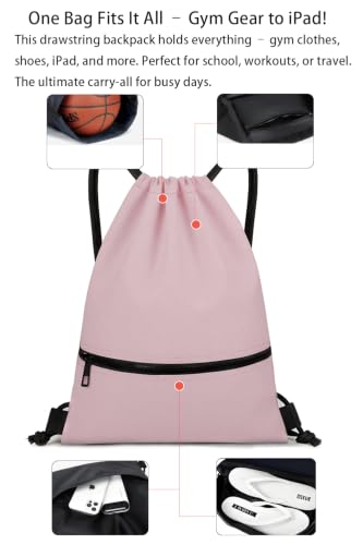 Water-Resistant String Bag for Women Men with Shoes Compartment and Zippered Pocket for Soccer, Basketball, Swim (Pink, 16.5 * 19 inches) - color: Pink