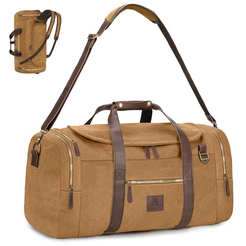 Vintage Canvas Duffle Bag, 50L Genuine Leather Travel Duffel Backpack Multifunctional Overnight Weekender Bag with Shoes Compartment Men (Coffee) - color: Coffee, size: Large-50L
