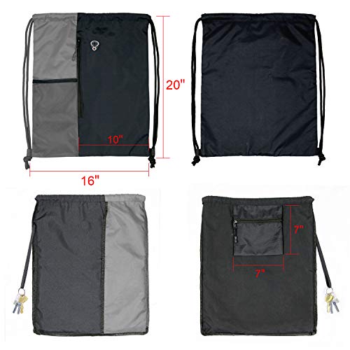 BeeGreem Grey Sport Bag Drawstring Backpack String Bag For Men Women Gym Backpack With Water Bottle Mesh Pockets And Two Zipper Pockets 16" x 20" - color: Black/Grey, style: Drawstring With Mesh Pocket