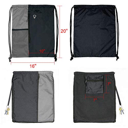 BeeGreem Grey Sport Bag Drawstring Backpack String Bag For Men Women Gym Backpack With Water Bottle Mesh Pockets And Two Zipper Pockets 16" x 20" - color: Black/Grey, style: Drawstring With Mesh Pocket