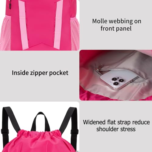Drawstring Backpack Bag, Sport Gym Sackpack with Shoes Compartment - color: Pink