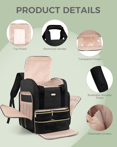 BALULHG Large Portable Travel Makeup Bag with 3 Removable Transparent Case, Dual-Shoulder Multi-Functional Cosmetic Bag,Double Layer Big Capacity Makeup Bag Backpack, Patent Pending - color: Black