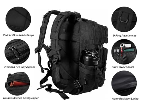 LHI Military Tactical Backpack for Men and Women 45L Army 3 Days Assault Pack Bag Large Rucksack with Molle System - Black - color: 1.0 Black