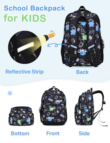 VASCHY Kids Backpacks, 12L Toddler & 17.5L School Backpacks, Lightweight Water-Resistant for Boys and Girls Ages 3-12 - color: Black & White Racer-l, size: Large