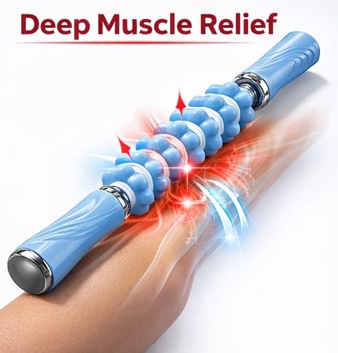 Muscle Roller Massage Stick, Blue, 18 Inch, for Deep Tissue Relief, Recovery and Soreness, Ergonomic Handles